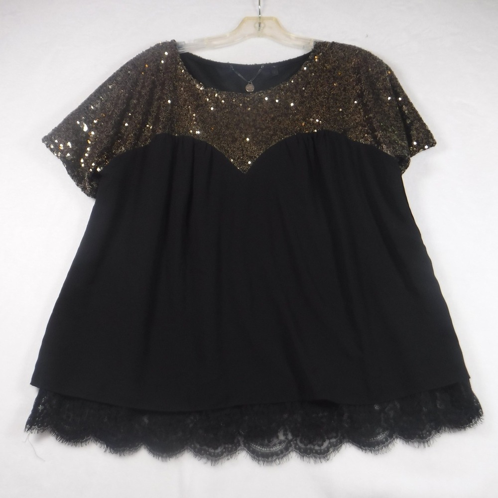 Luxe Boutique Womens Large Black Bronze Sequin Lace Hem Blouse Top
